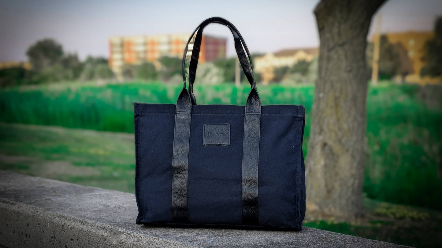 Norli Blue & Black Genuine Leather & Fabric Tote Bag