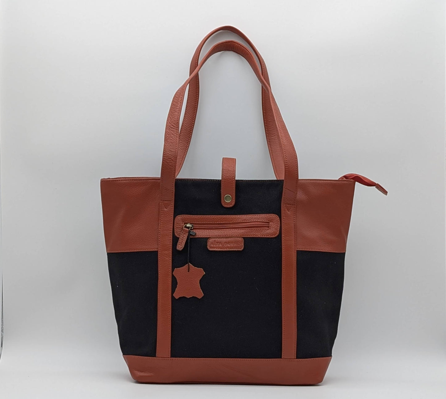 Glow Orange & Black Genuine Leather Fabric Tote Bag Laptop