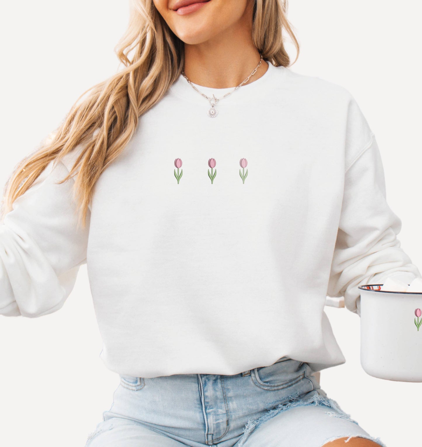 Embroidered Tulip Spring Sweatshirt Minimalist Easter Gift: Light Blue / Small
