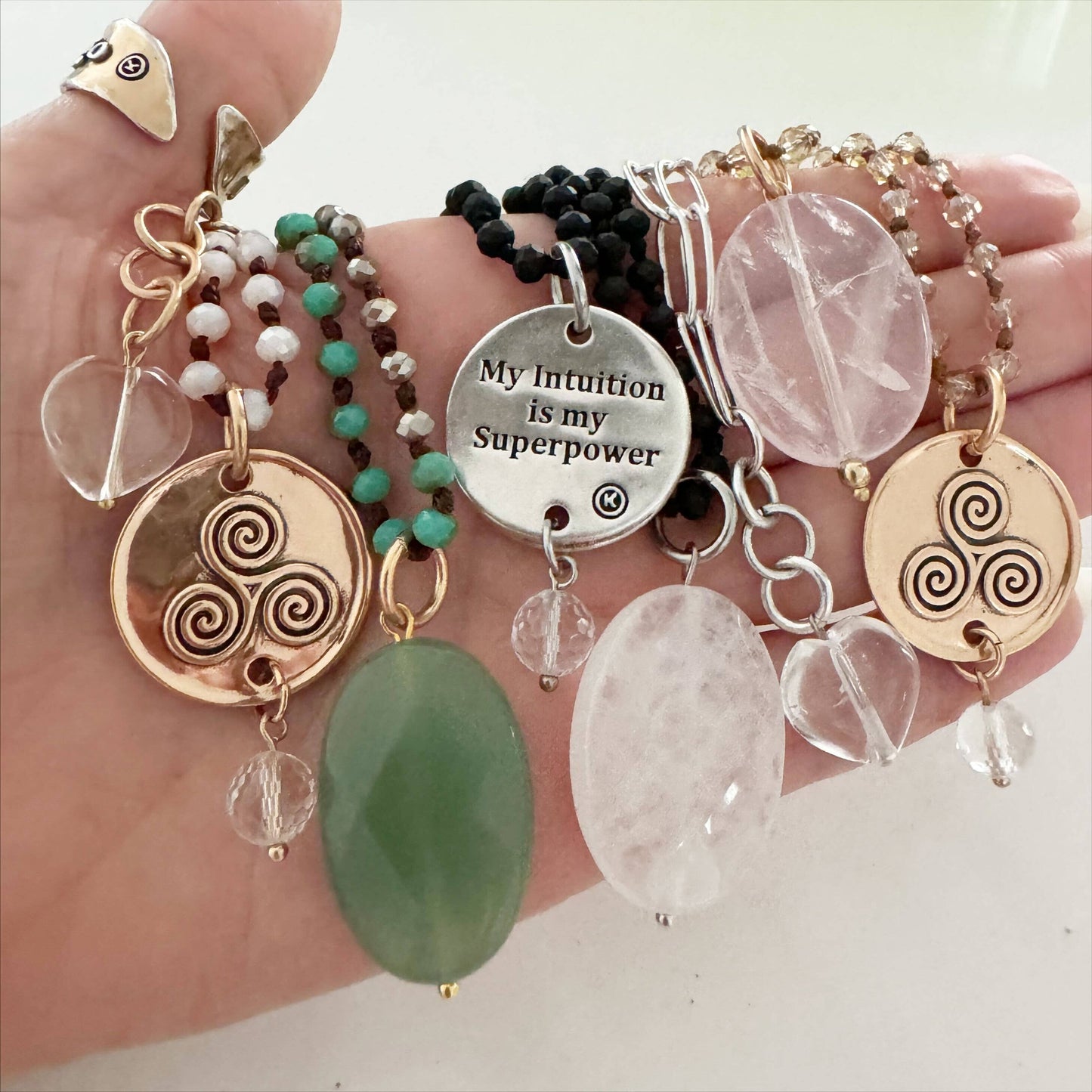 MY INTUITION IS MY SUPERPOWER | TRISKELION | Original Layering Bundle: Gold Finish / Beige Crystal Beads