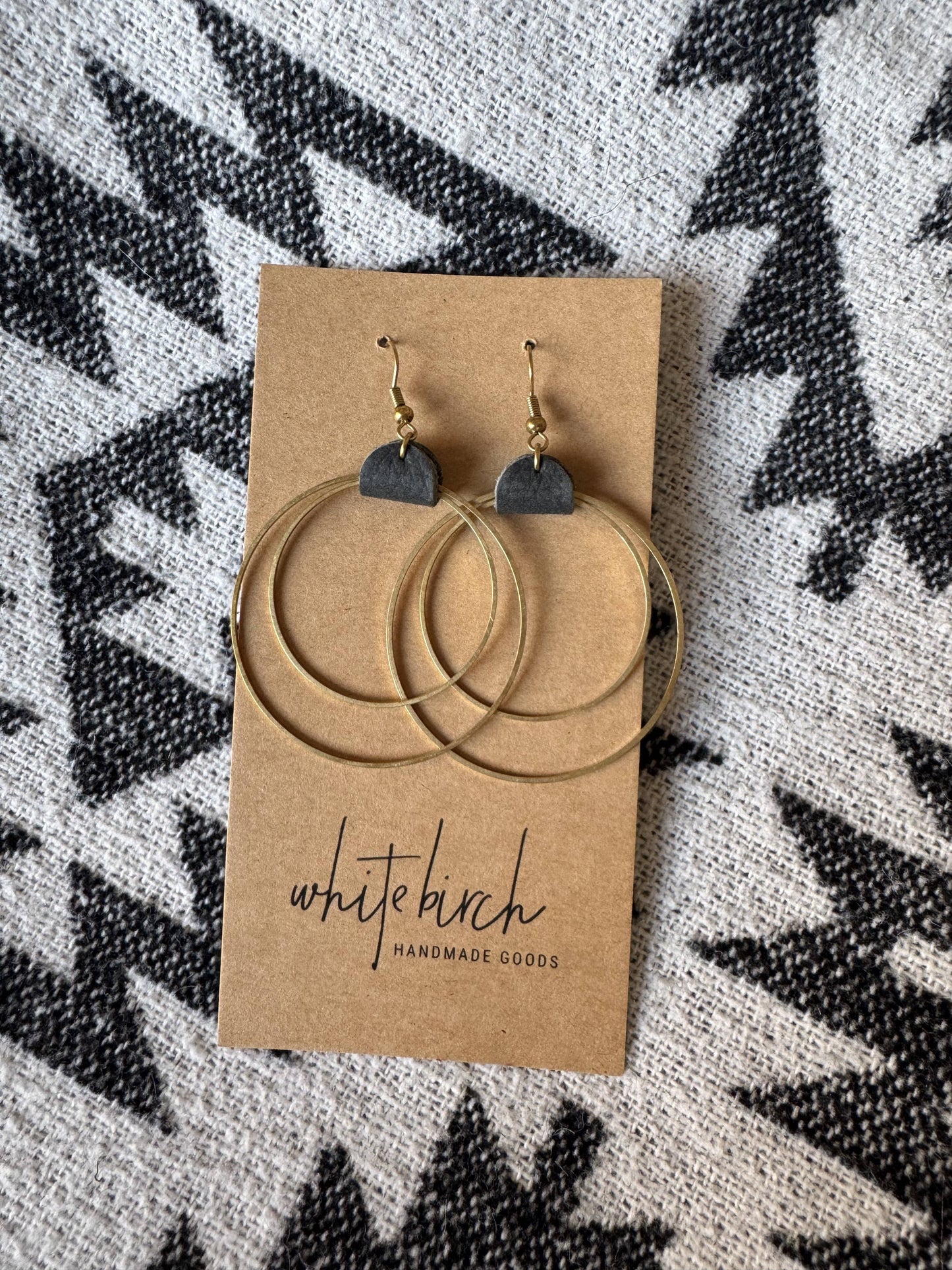 Matte Black Leather & Brass Circles Earrings: Brass