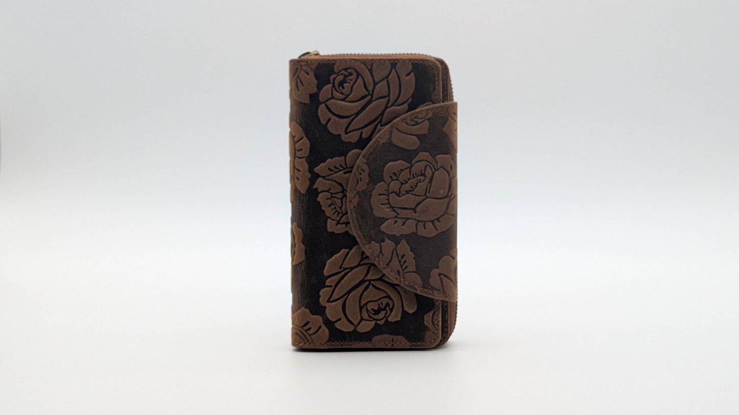 Leather Ladies Wallet Embossed RFID Protection - Brown Rose