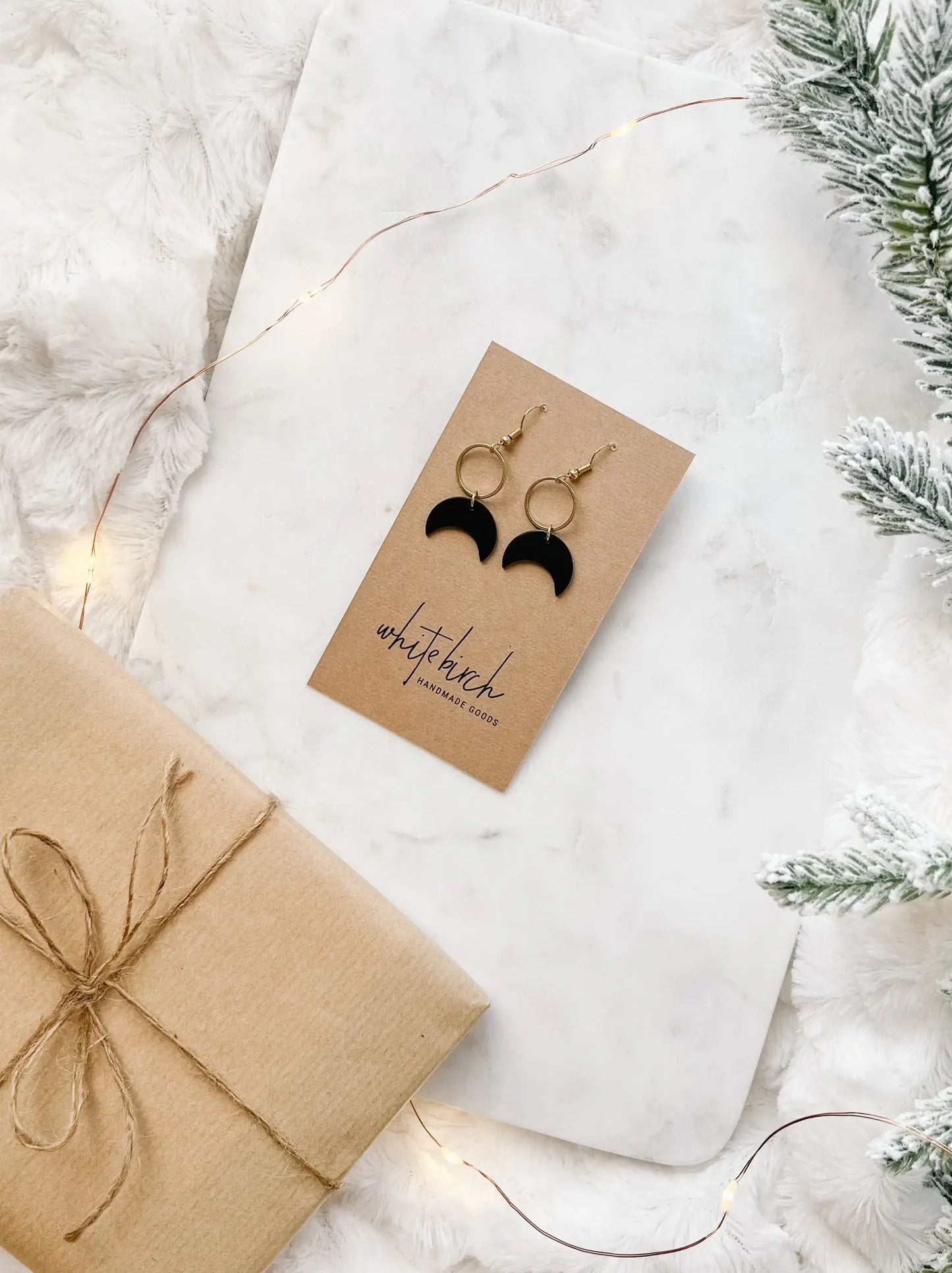 Black Leather Moon & Brass Ring Earrings: Raw Brass Hooks