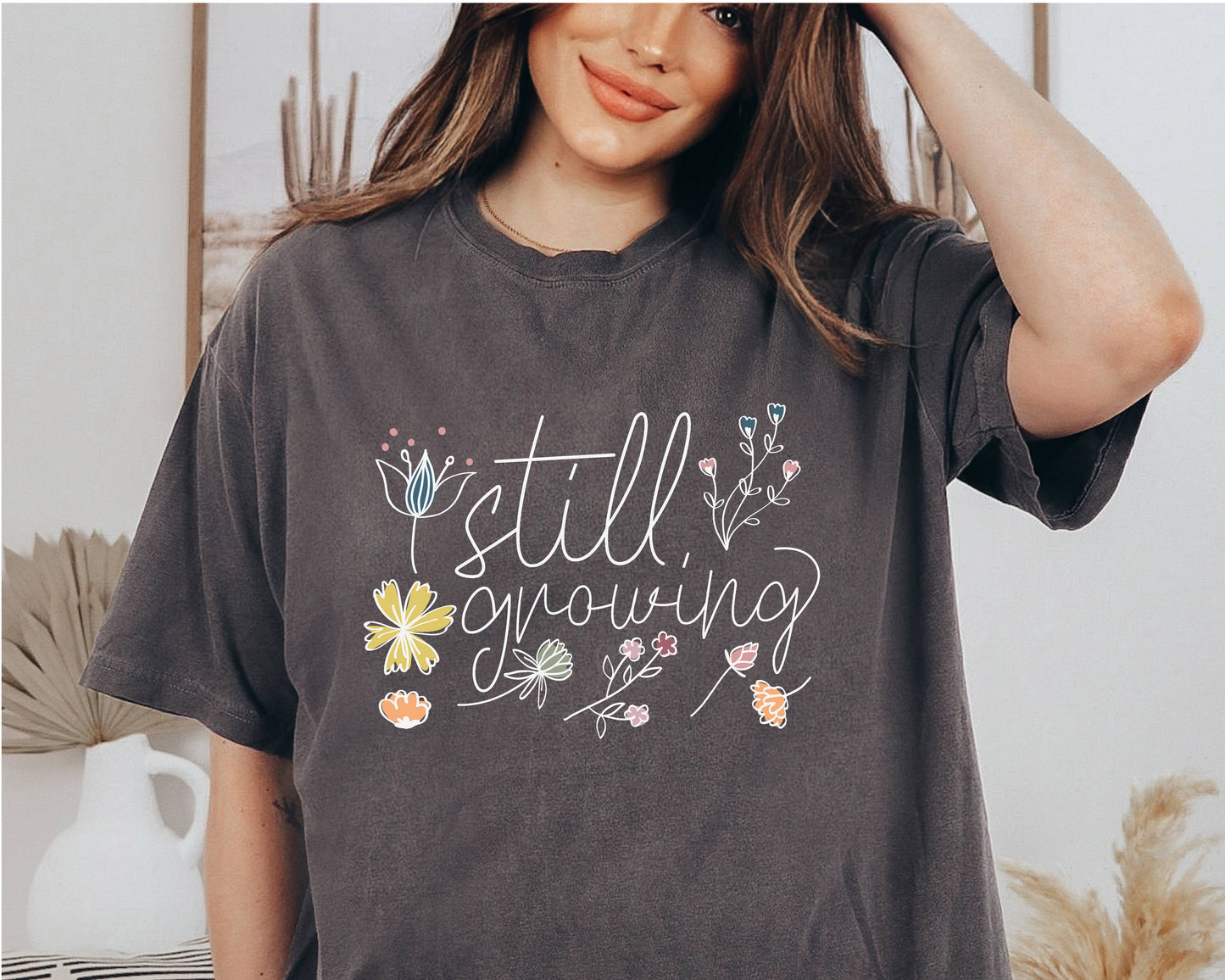 Spring Tee Floral Still Growing Print Women's Graphic Tee: Ivory / Small