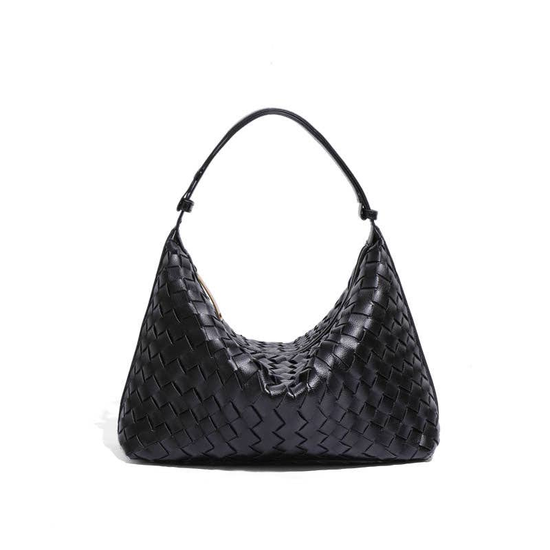 WEAVED LEATHER SHOULDER BAG FOR WOMEN: BLACK