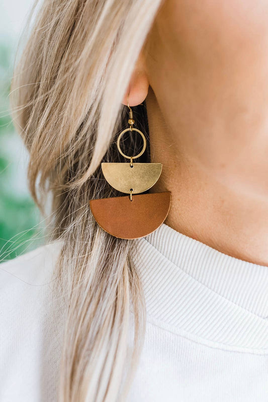 Brown Leather & Brass Stacked Half Moon Dangle Earrings: 14k Gold Fill Hooks