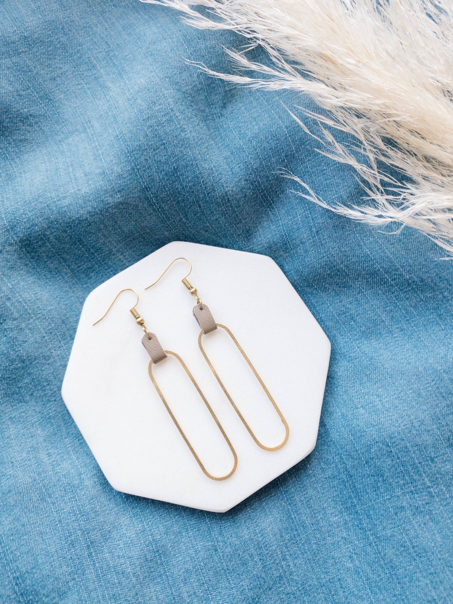 Latte Leather & Brass Oval Accent Earrings: Raw Brass Hooks