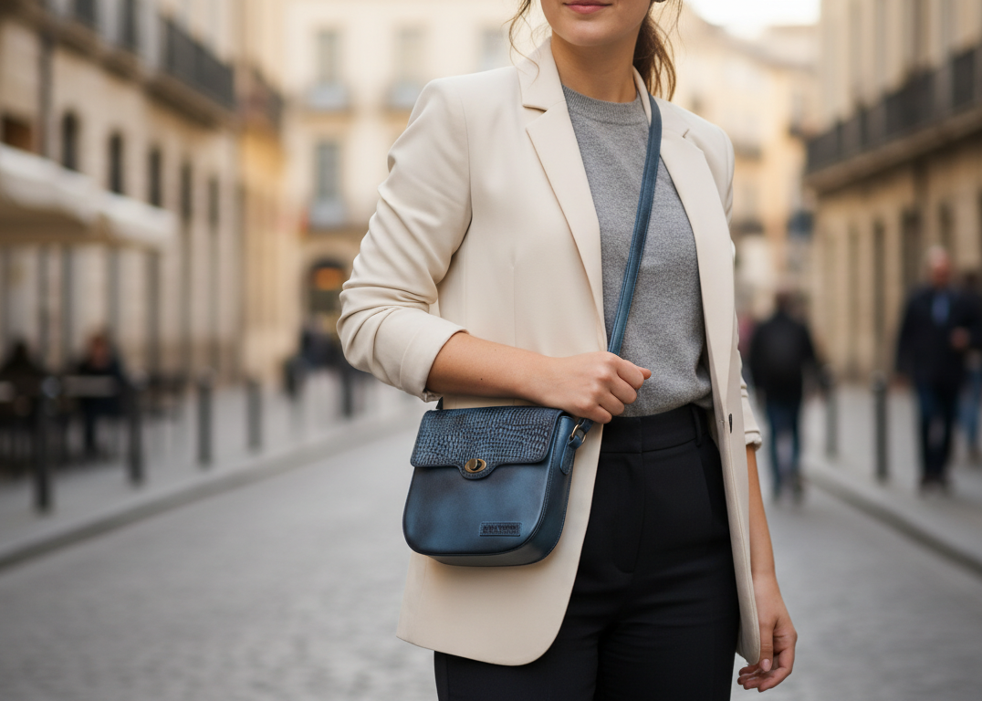 Genuine Leather Ladies Sling / Crossbody Bag - Blue Black