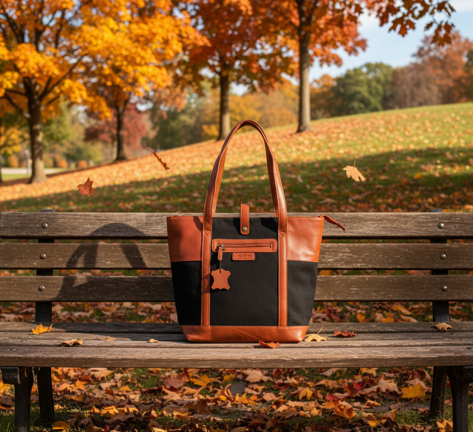 Glow Orange & Black Genuine Leather Fabric Tote Bag Laptop