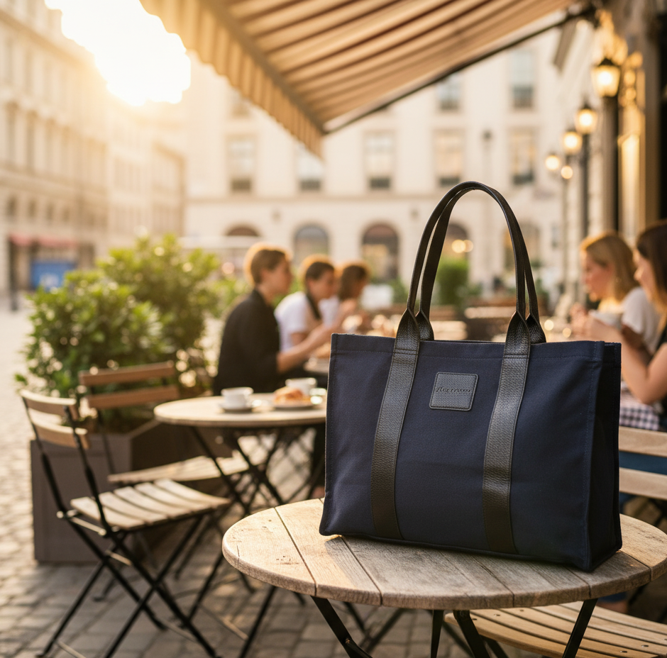 Norli Blue & Black Genuine Leather & Fabric Tote Bag