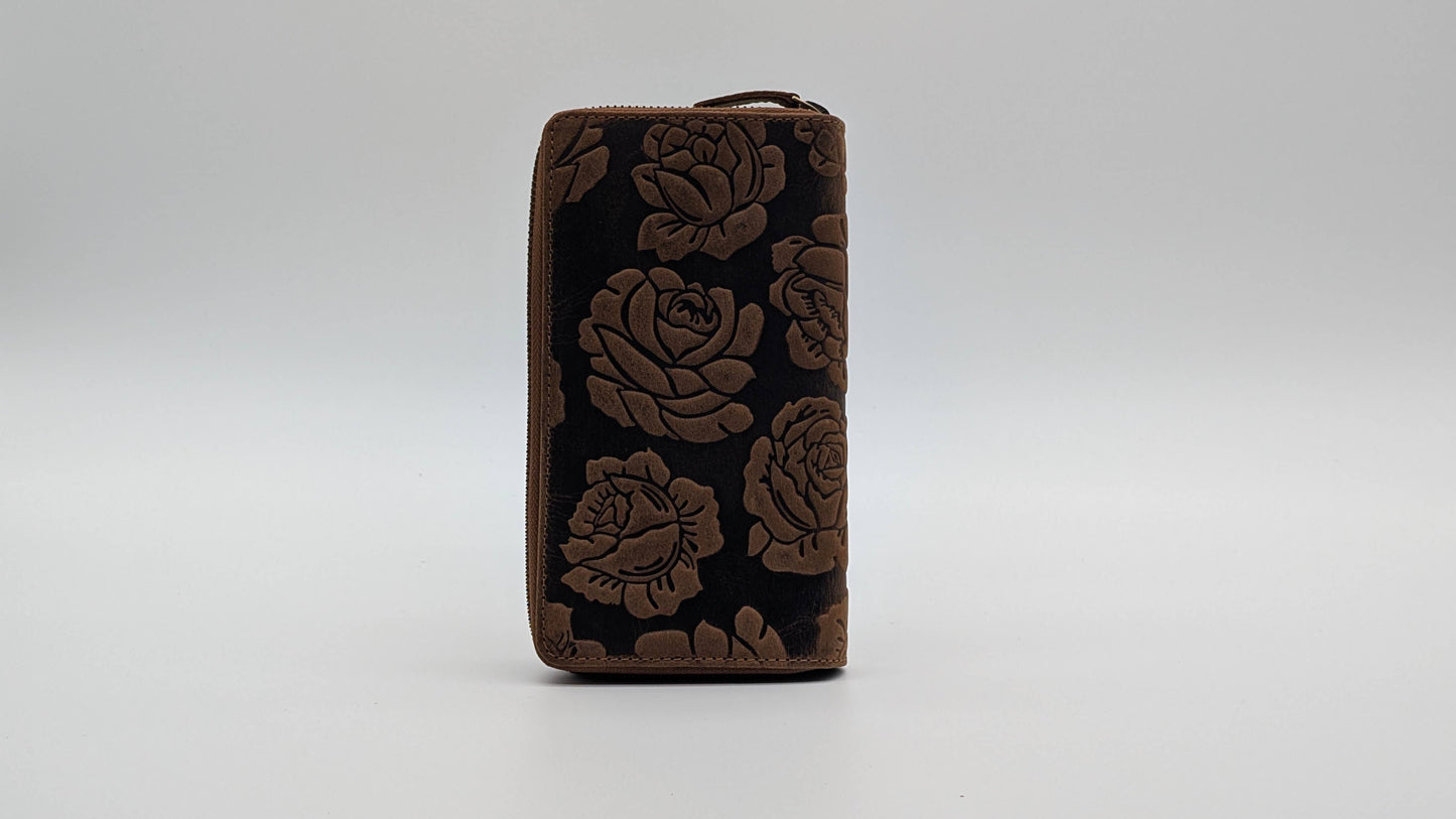 Leather Ladies Wallet Embossed RFID Protection - Brown Rose