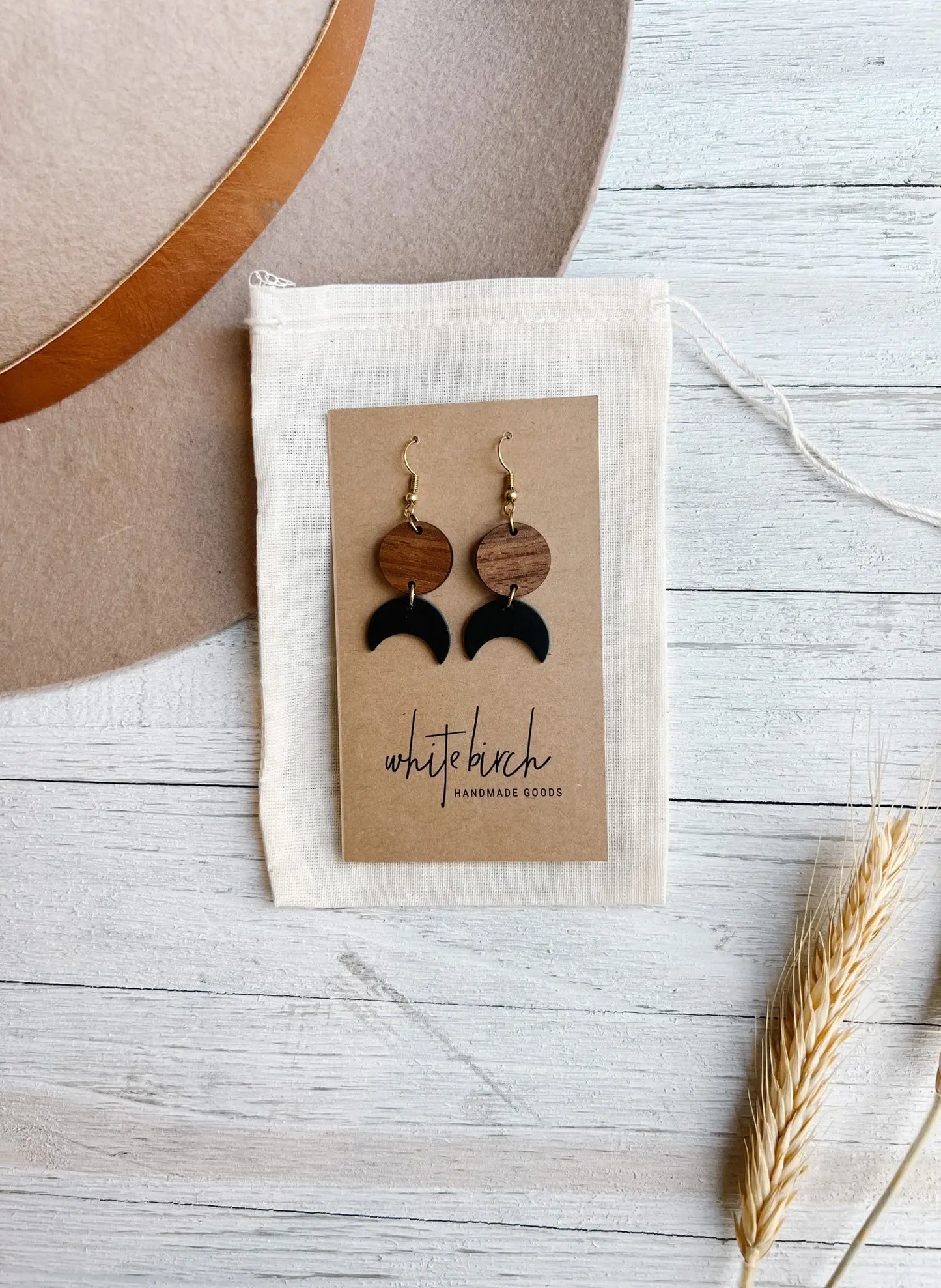 Black Leather Moon & Walnut Wood Circle Dangle Earrings: Raw Brass