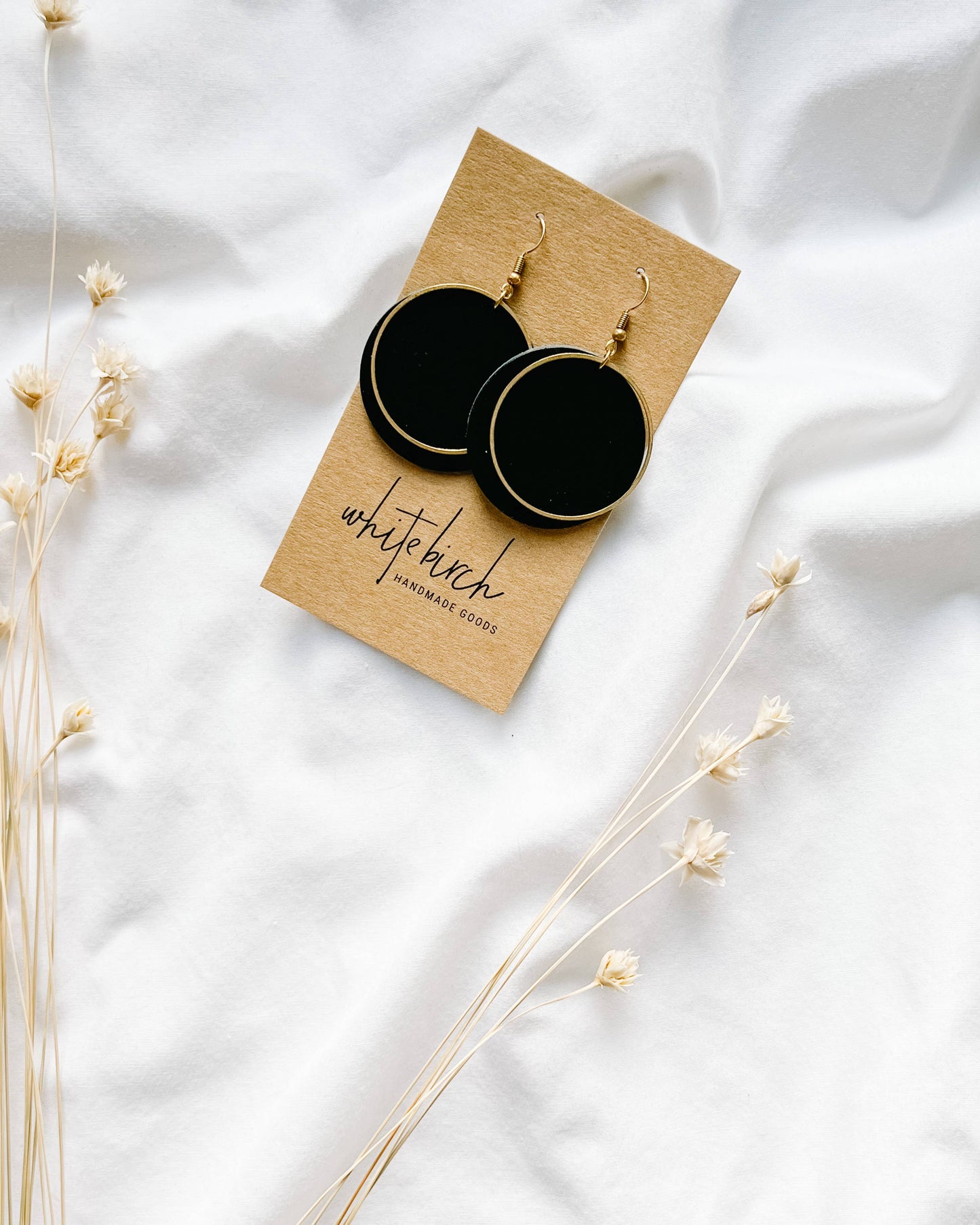 Black Leather Disc & Brass Circle Earrings: Raw Brass Hooks