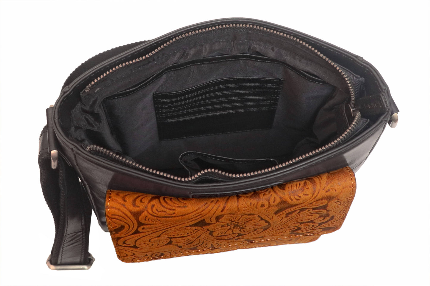 Leather Ladies Sling / Crossbody Bag Embossed Brown Leaf