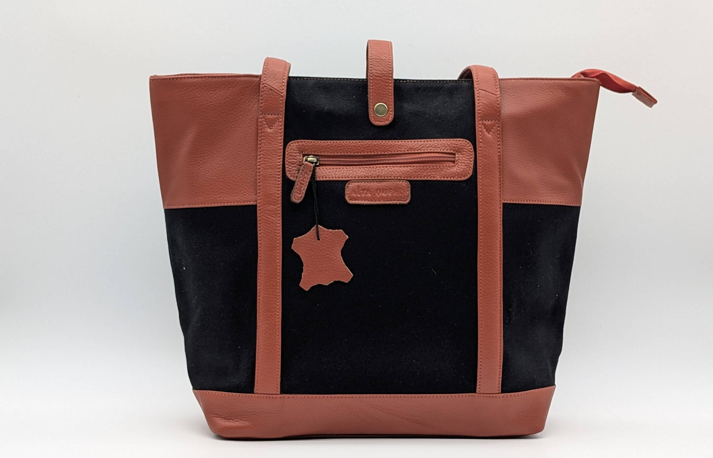 Glow Orange & Black Genuine Leather Fabric Tote Bag Laptop