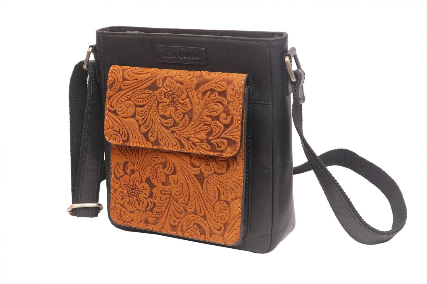 Leather Ladies Sling / Crossbody Bag Embossed Brown Leaf