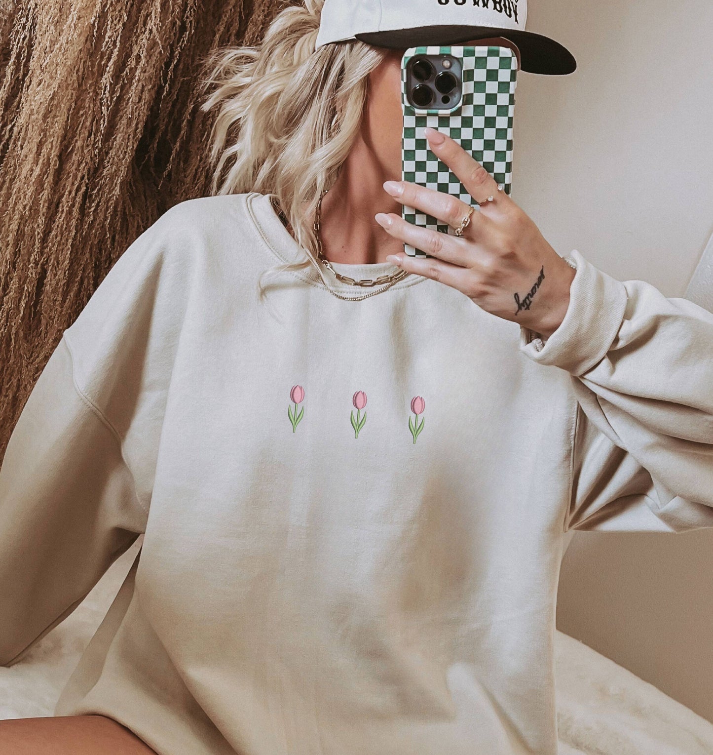Embroidered Tulip Spring Sweatshirt Minimalist Easter Gift: Light Blue / Small