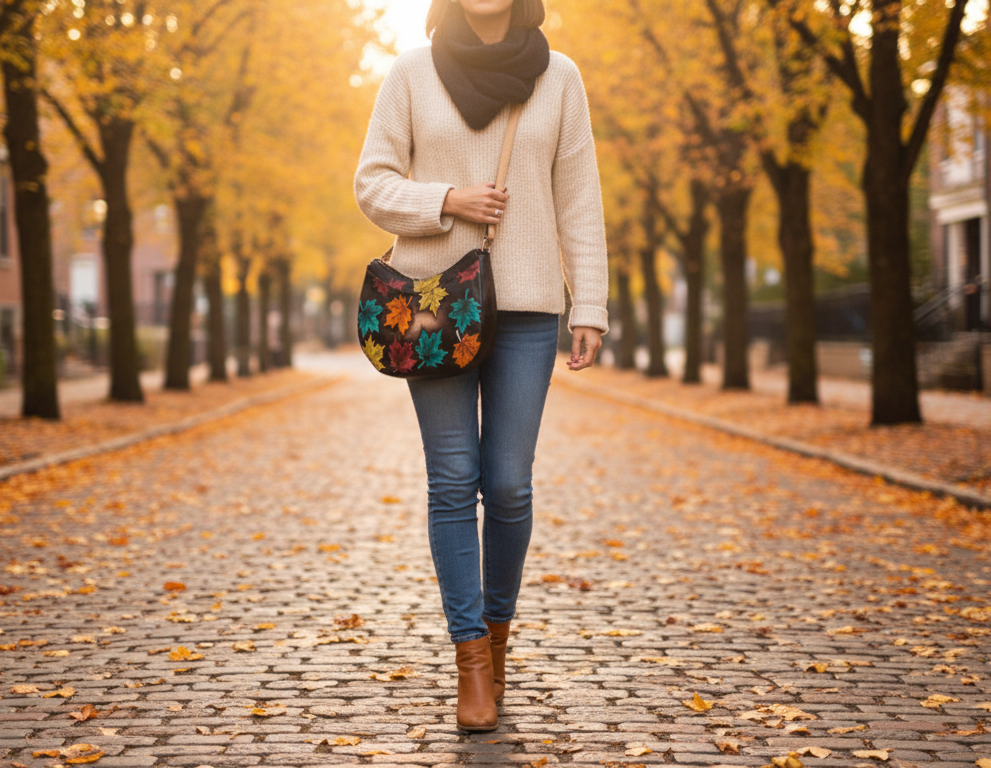 Genuine Leather Hand Painted Ladies Sling Crossbody - Maple