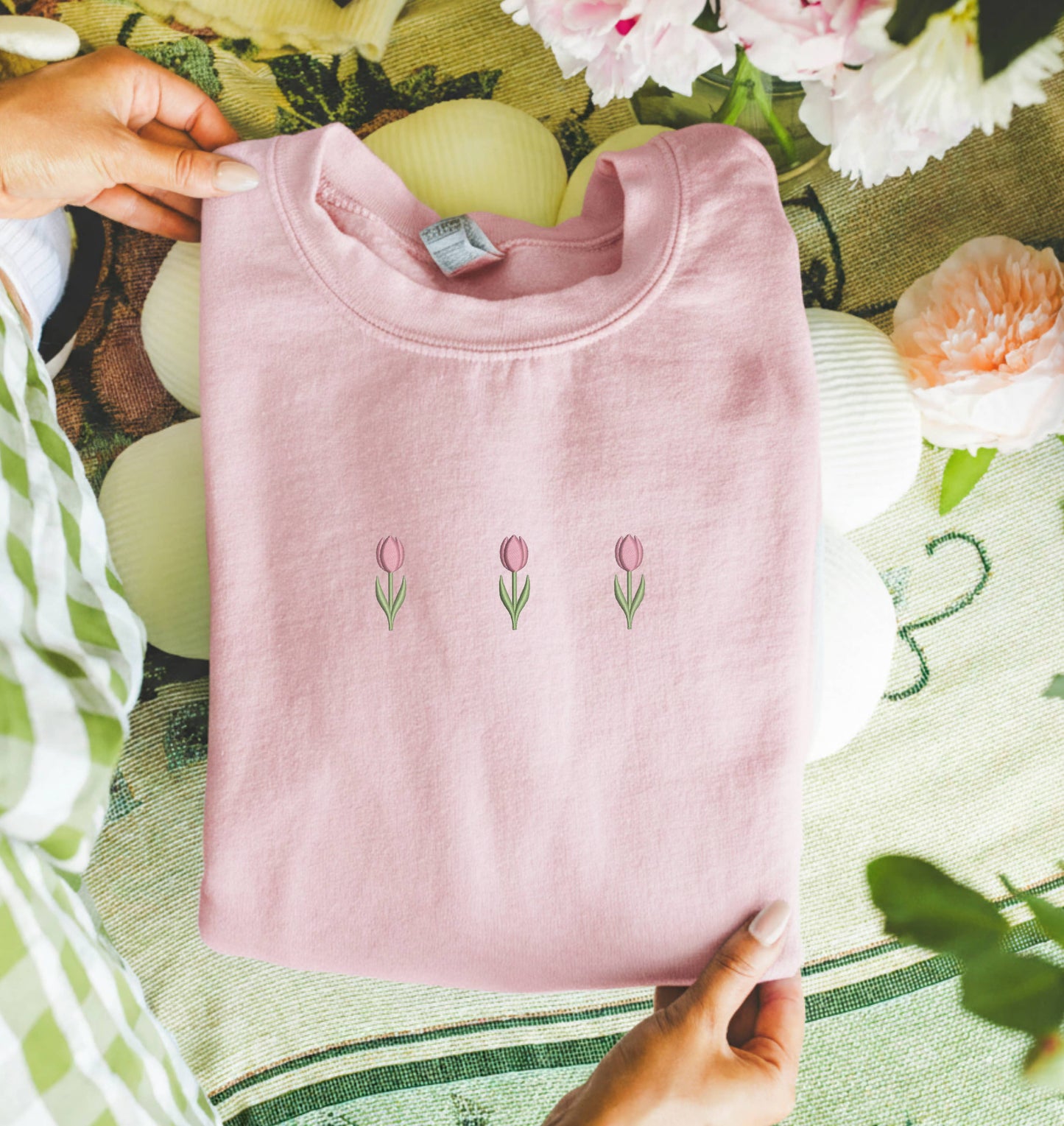 Embroidered Tulip Spring Sweatshirt Minimalist Easter Gift: Light Blue / Small