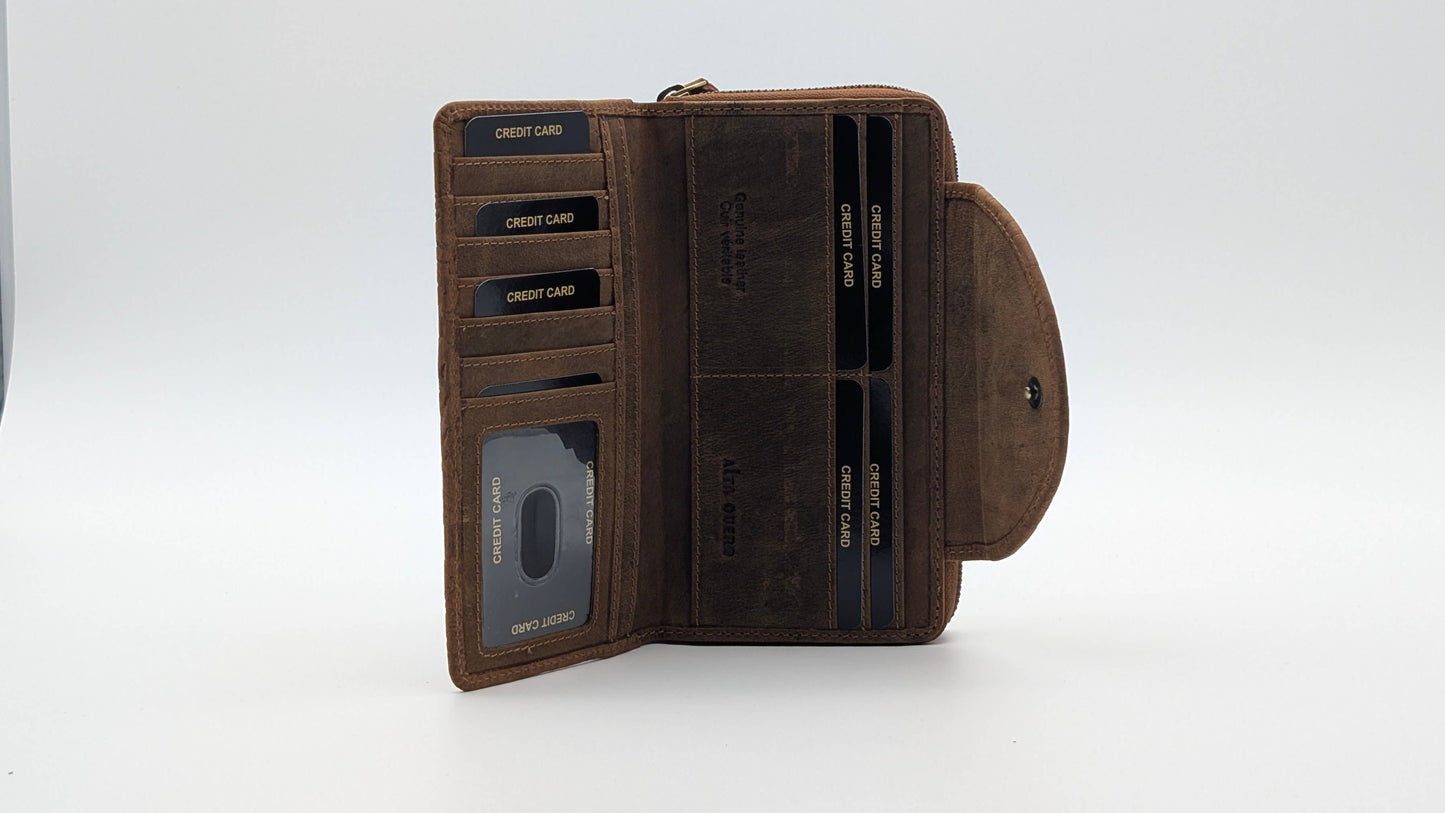 Leather Ladies Wallet Embossed RFID Protection - Brown Rose