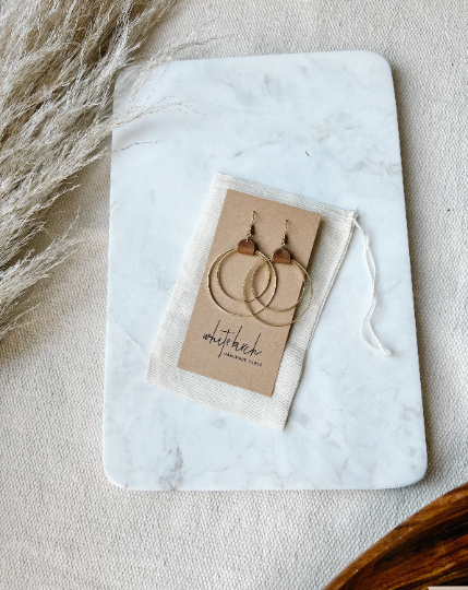 Distressed Brown Leather & Brass Circles Earrings: Brass