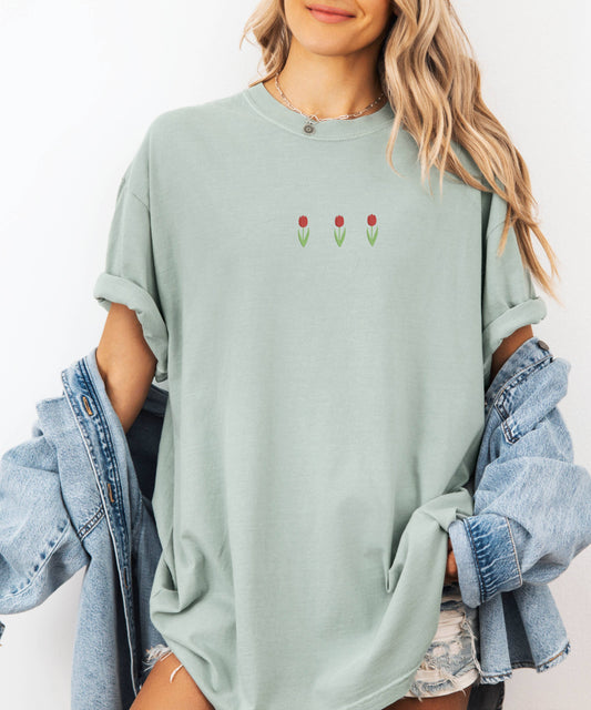 Embroidered Tulip Spring Shirt Women Comfort Colors : Bay / Small