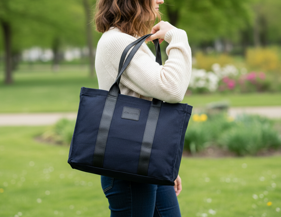 Norli Blue & Black Genuine Leather & Fabric Tote Bag