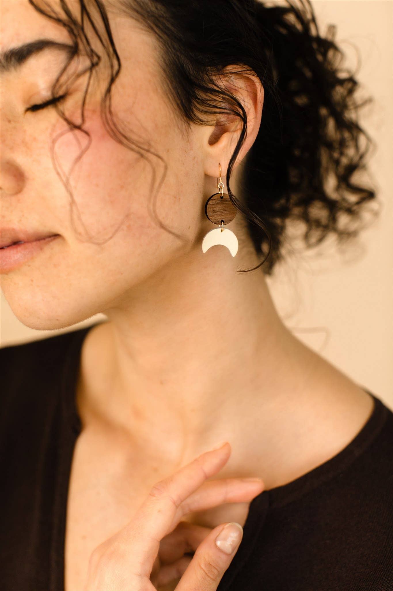 Cream Leather Moon & Walnut Wood Circle Dangle Earrings: 14k Gold Fill