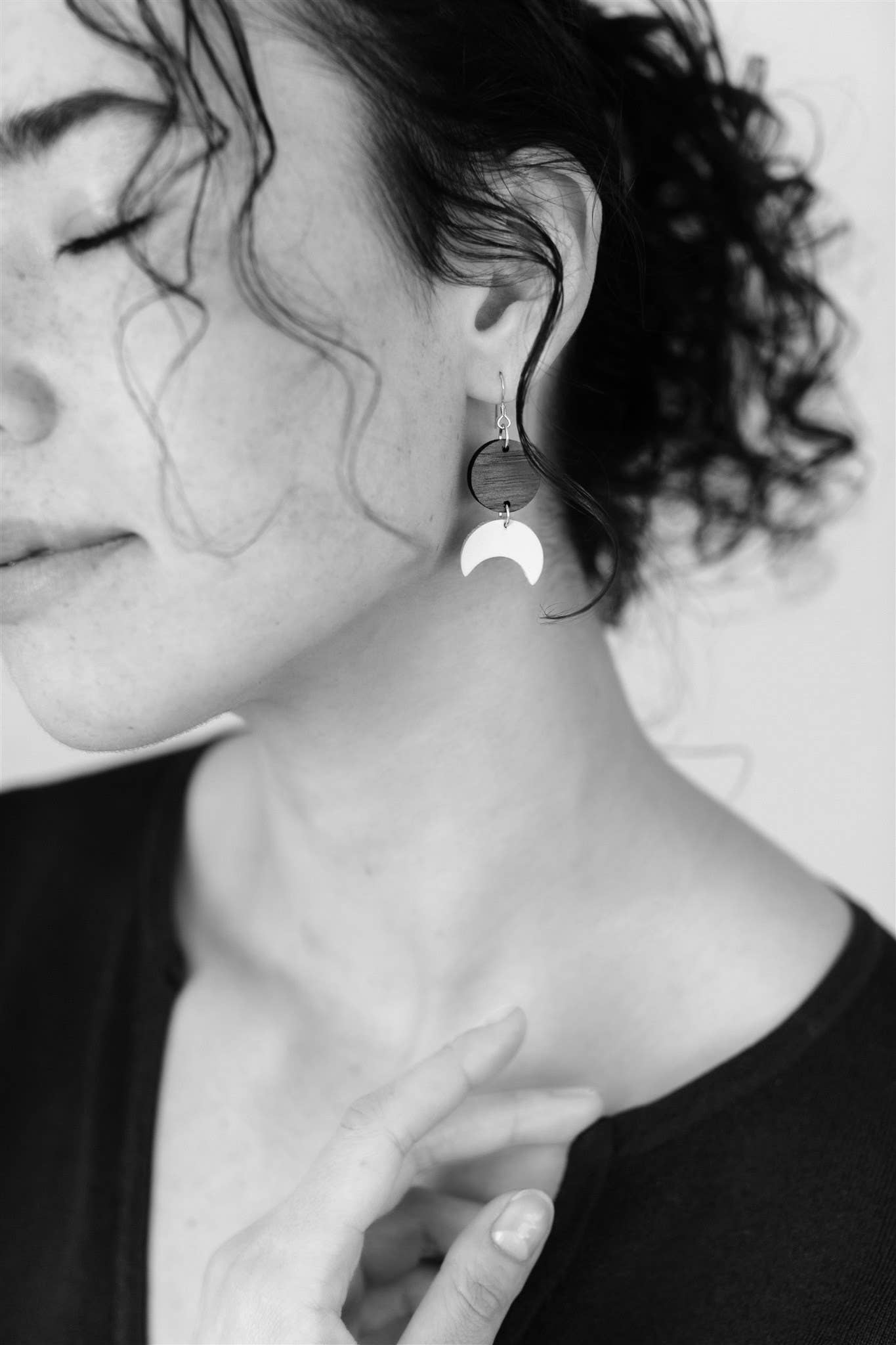 Black Leather Moon & Walnut Wood Circle Dangle Earrings: Raw Brass