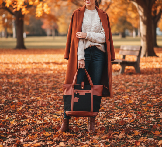 Glow Orange & Black Genuine Leather Fabric Tote Bag Laptop