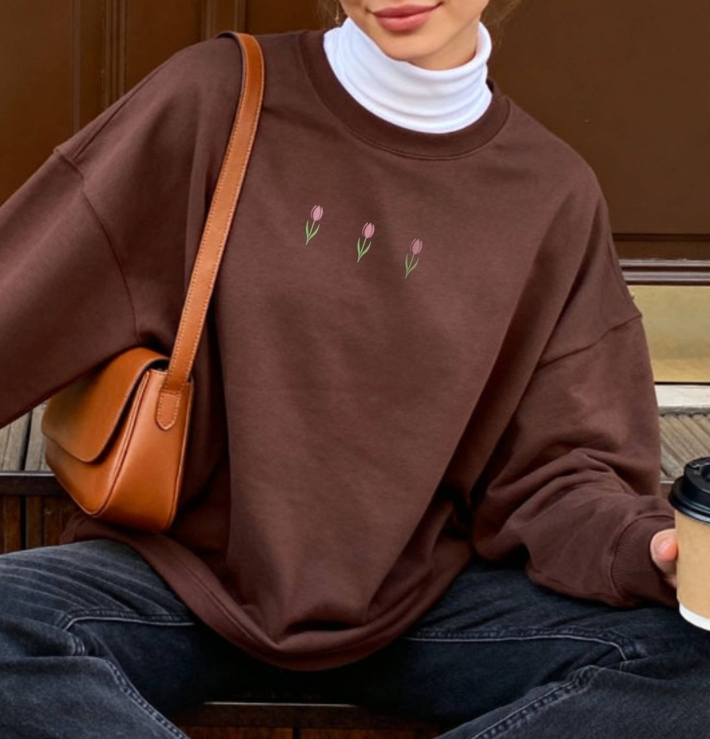 Embroidered Tulip Spring Sweatshirt Minimalist Easter Gift: Light Blue / Small