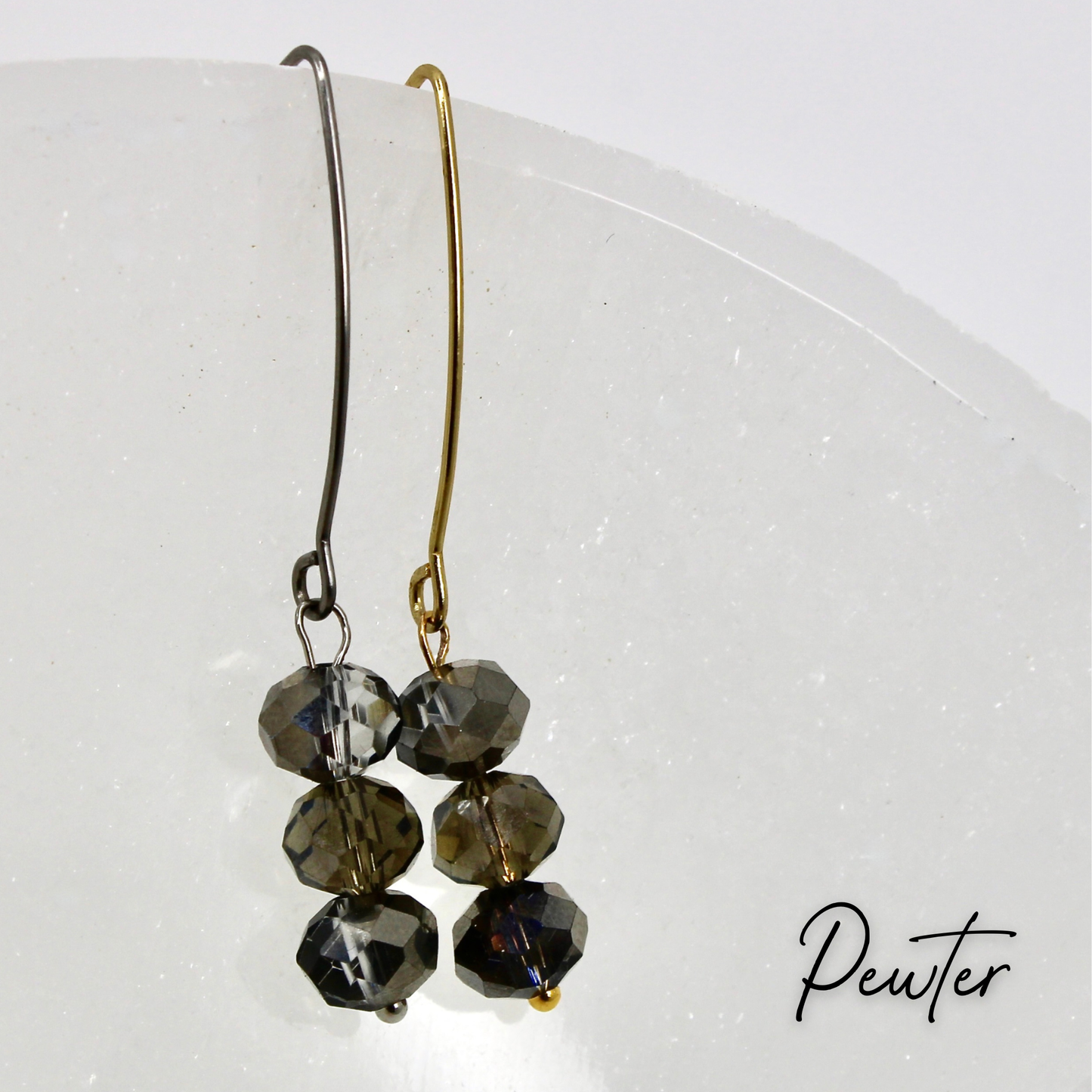 CRYSTAL TRIO | Drop Earrings: Pewter / Gold