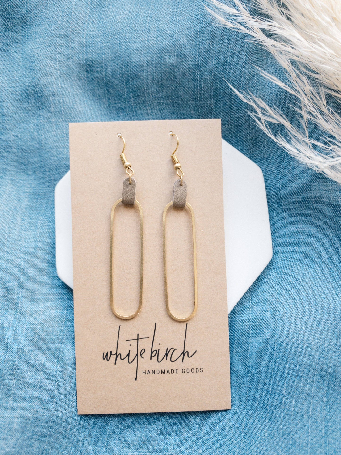 Latte Leather & Brass Oval Accent Earrings: Raw Brass Hooks