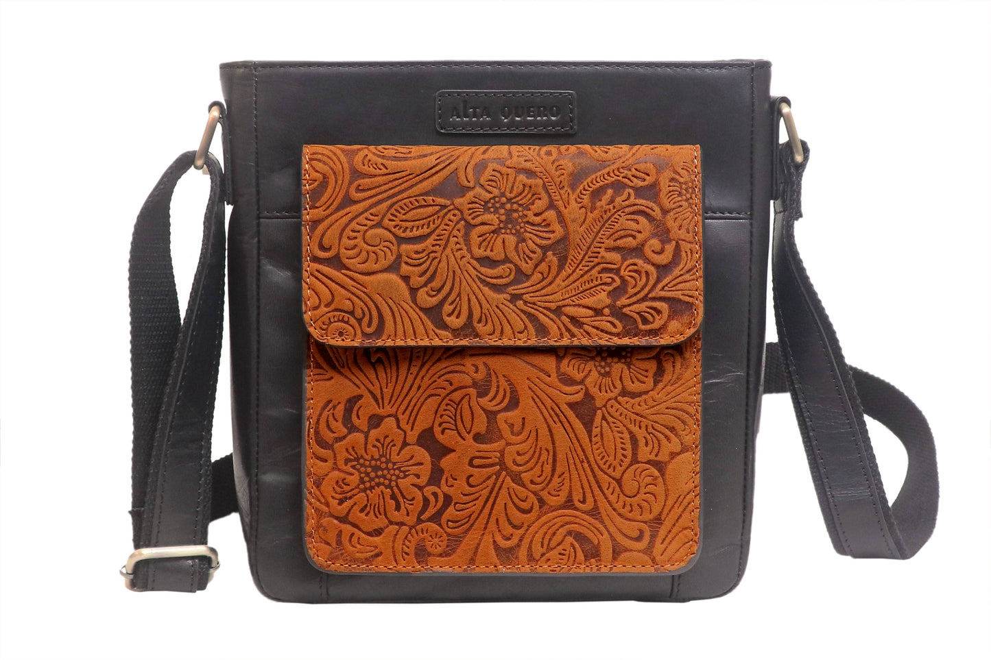 Leather Ladies Sling / Crossbody Bag Embossed Brown Leaf