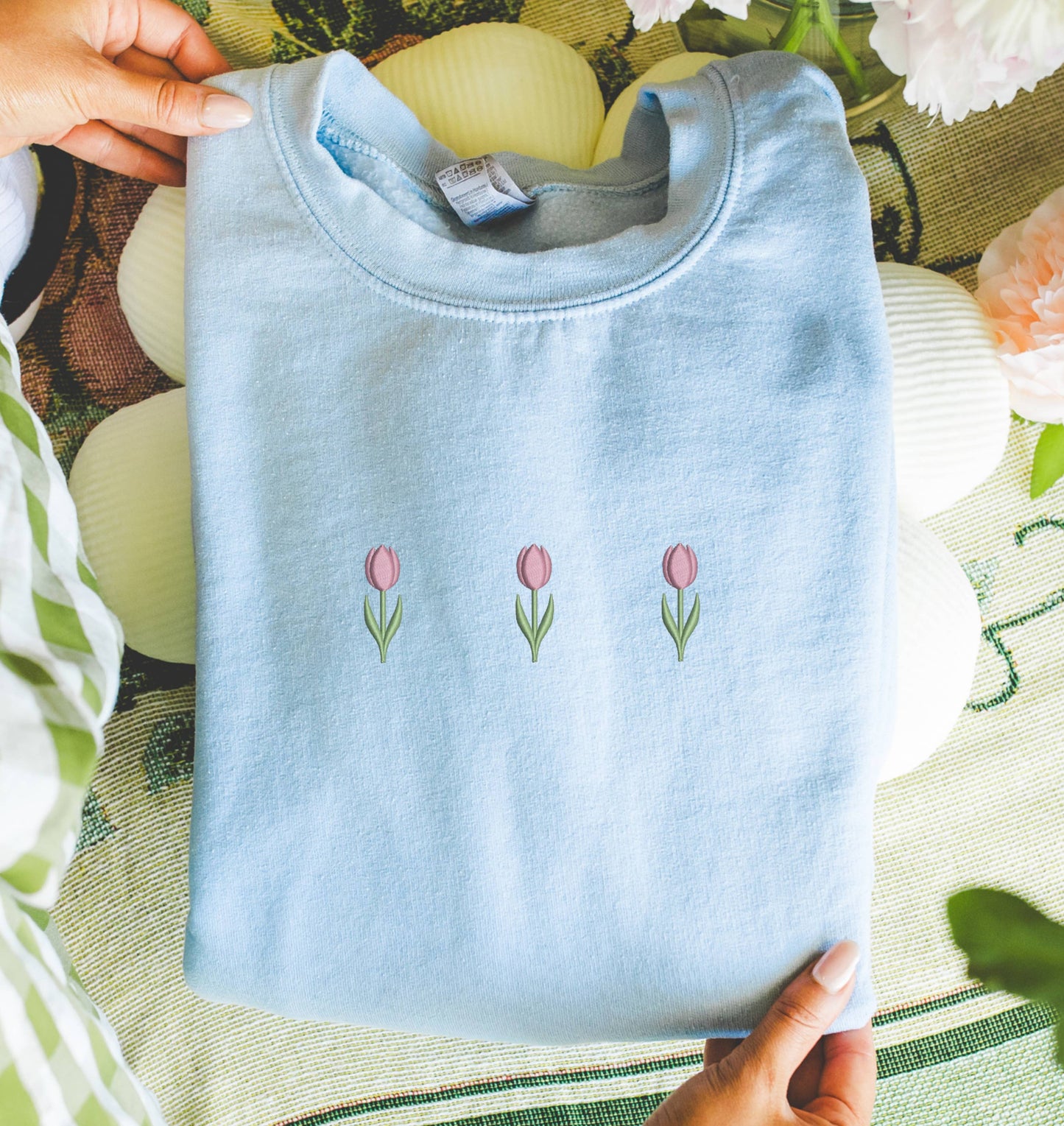 Embroidered Tulip Spring Sweatshirt Minimalist Easter Gift: Light Blue / Small