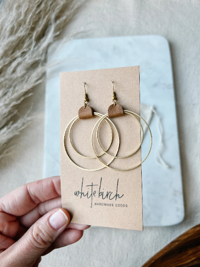 Distressed Brown Leather & Brass Circles Earrings: Brass