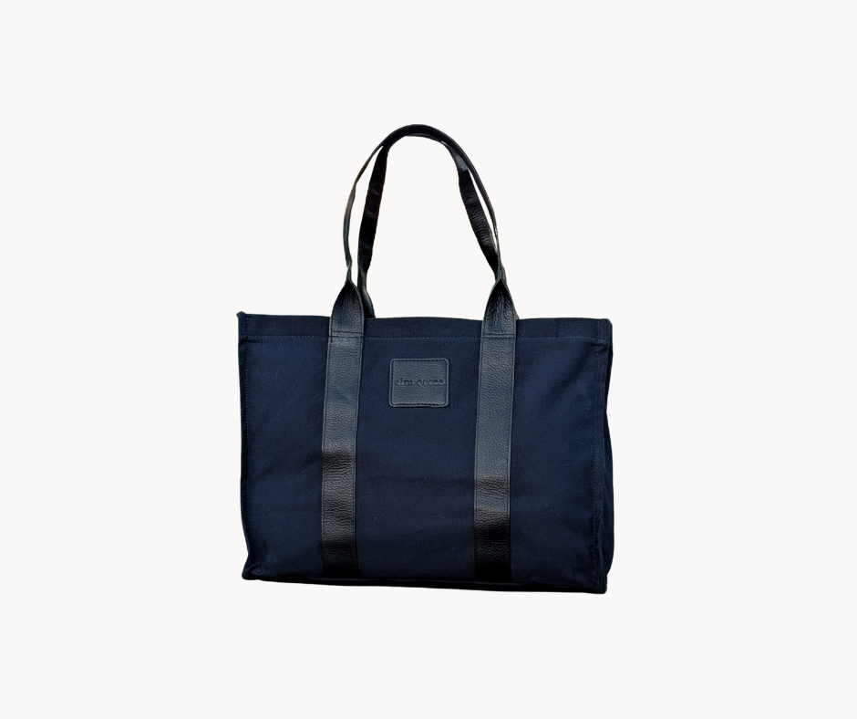 Norli Blue & Black Genuine Leather & Fabric Tote Bag
