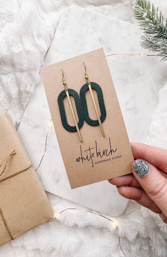 Dark Green Leather Oval & Brass Bar Geometric Earrings: Raw Brass Hooks