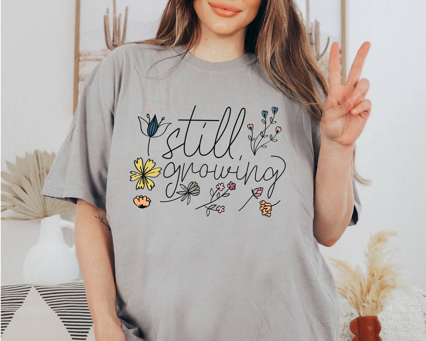 Spring Tee Floral Still Growing Print Women's Graphic Tee: Ivory / Small