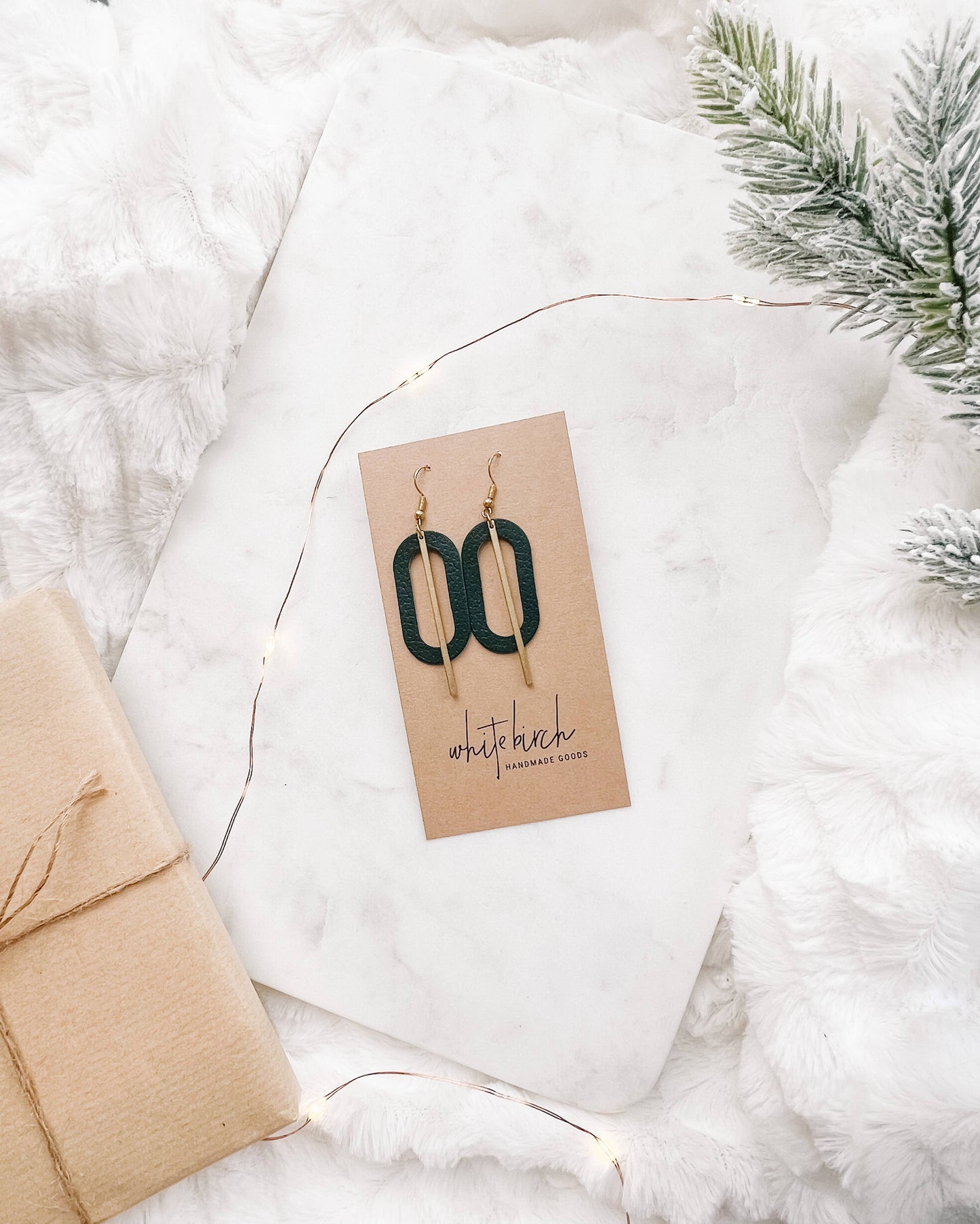 Dark Green Leather Oval & Brass Bar Geometric Earrings: Raw Brass Hooks