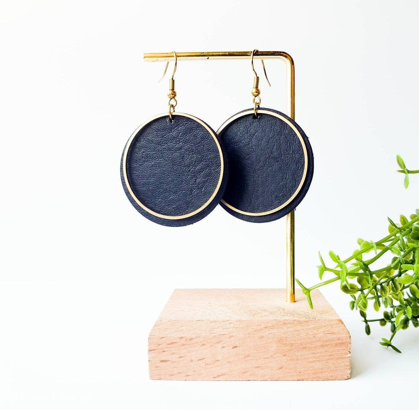 Black Leather Disc & Brass Circle Earrings: Raw Brass Hooks