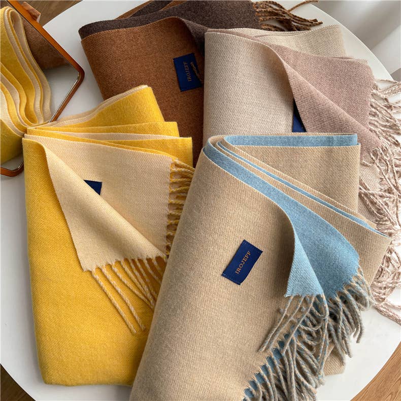 Solid color scarf Double-sided two-color tassel shawl scarf: Khaki&blue