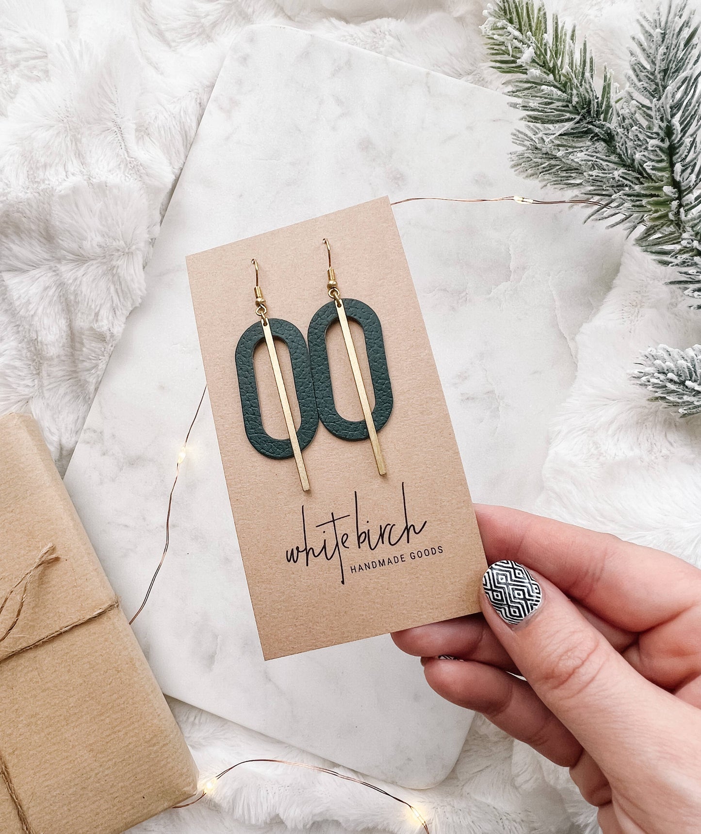 Dark Green Leather Oval & Brass Bar Geometric Earrings: Raw Brass Hooks