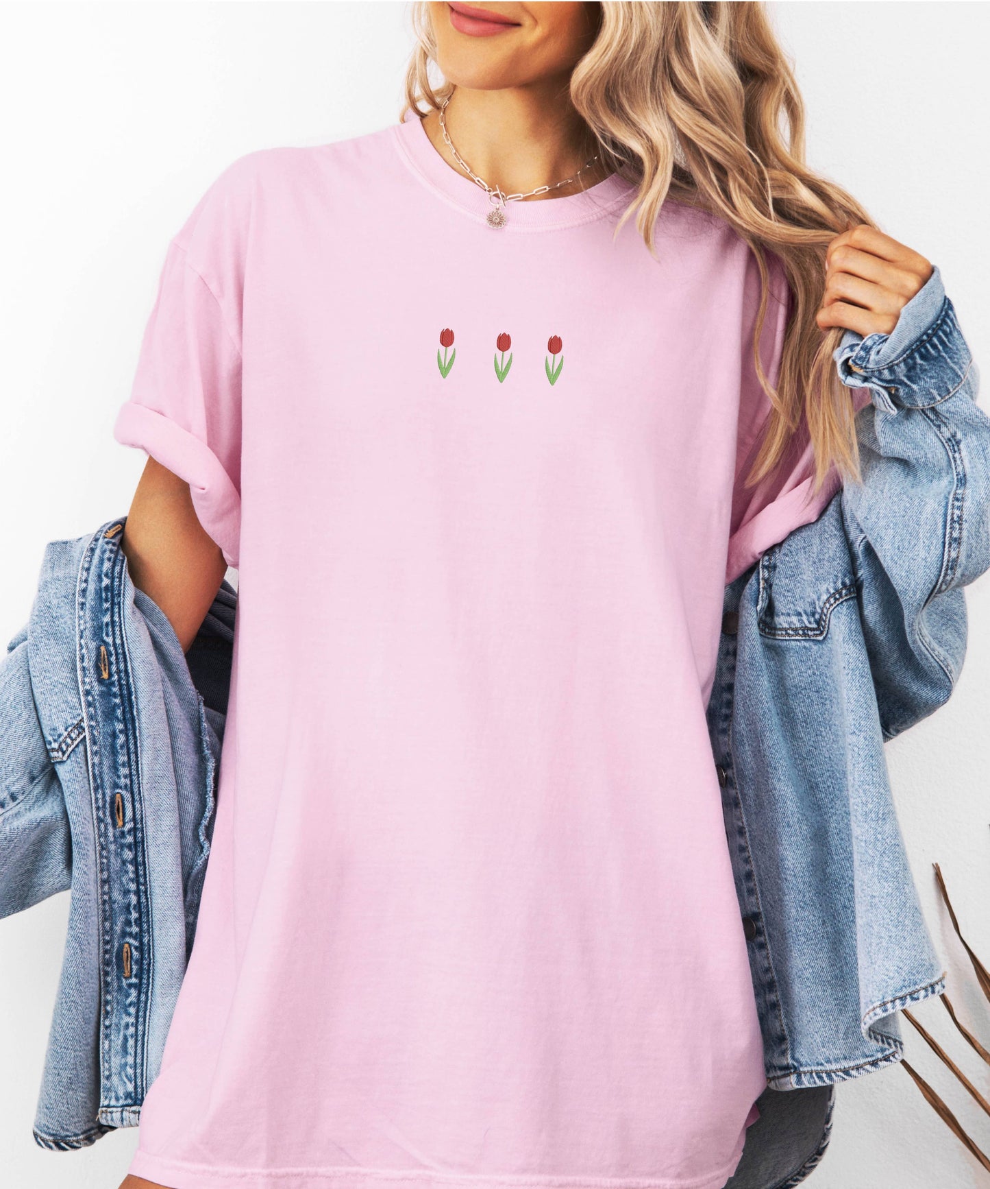 Embroidered Tulip Spring Shirt Women Comfort Colors : Bay / Small