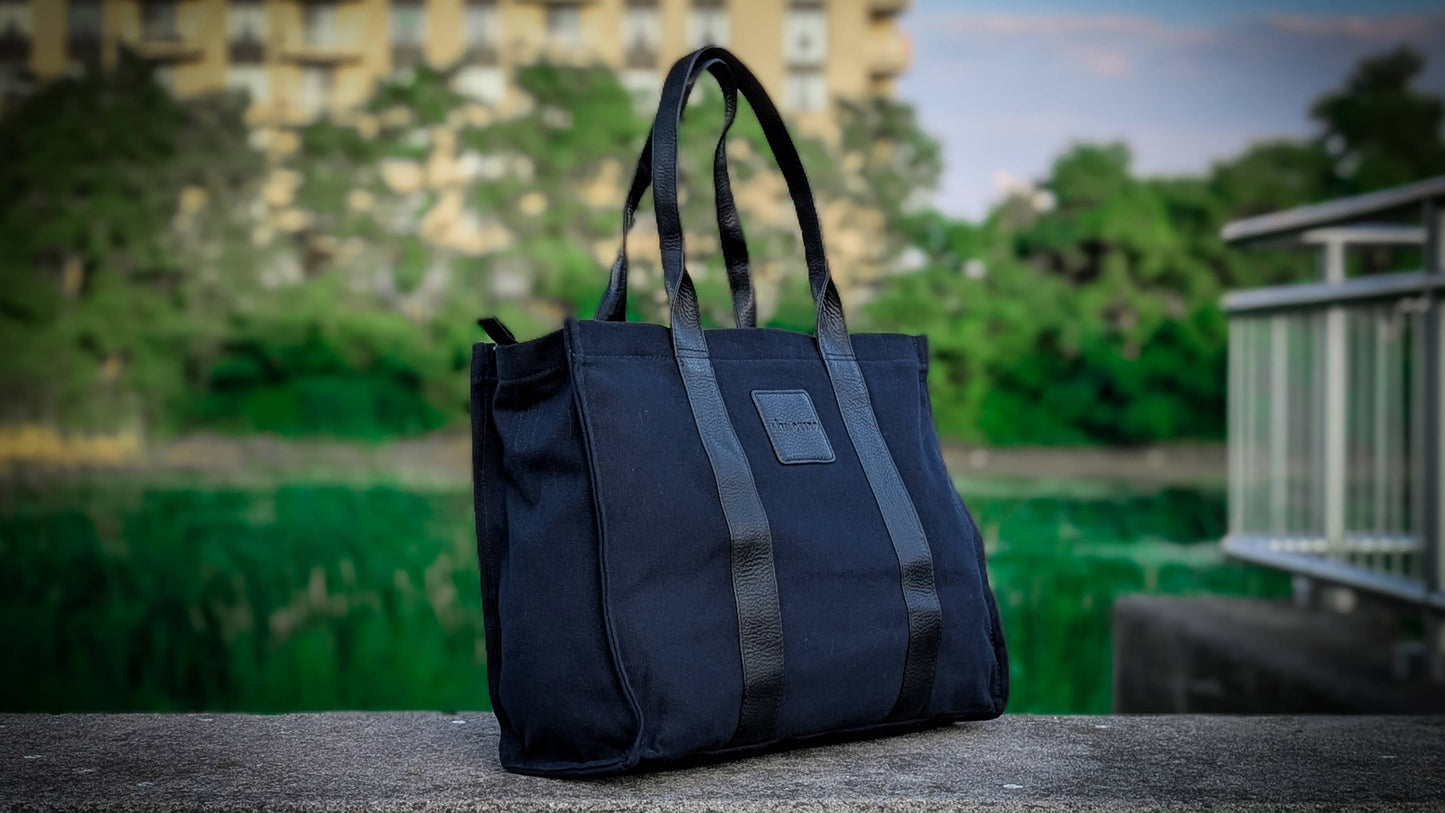 Norli Blue & Black Genuine Leather & Fabric Tote Bag
