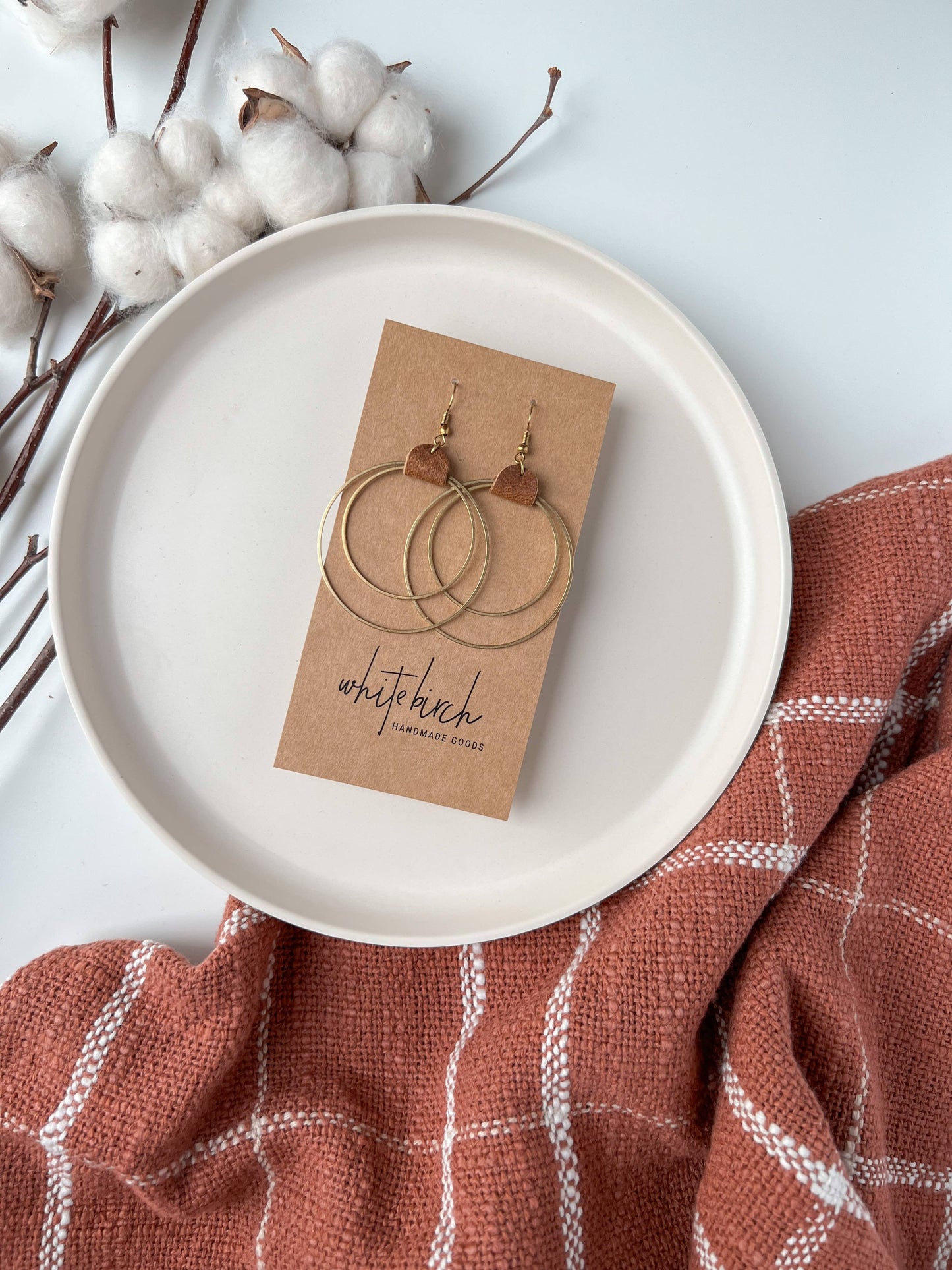 Distressed Brown Leather & Brass Circles Earrings: Brass