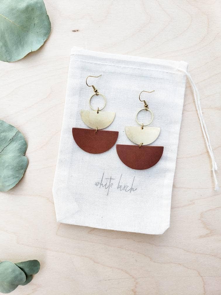 Brown Leather & Brass Stacked Half Moon Dangle Earrings: 14k Gold Fill Hooks