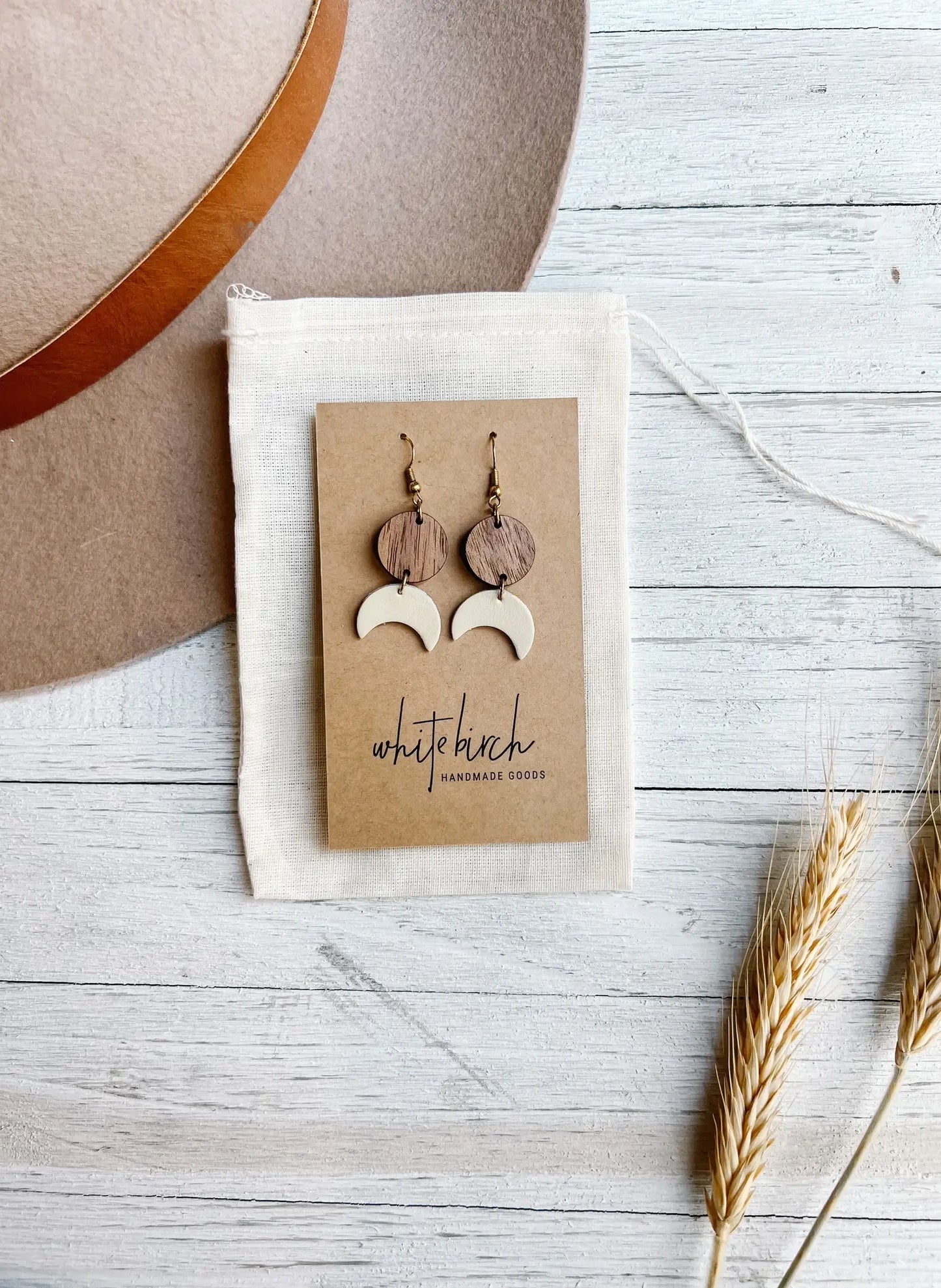Cream Leather Moon & Walnut Wood Circle Dangle Earrings: Raw Brass