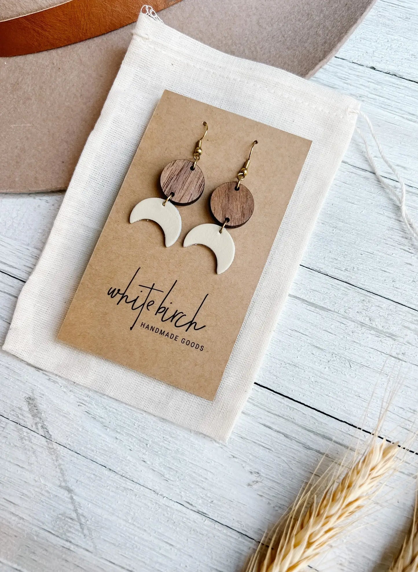 Cream Leather Moon & Walnut Wood Circle Dangle Earrings: 14k Gold Fill