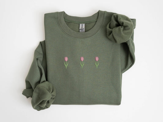Embroidered Tulip Spring Sweatshirt Minimalist Easter Gift: Light Blue / Small